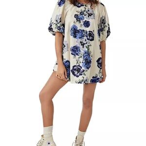 Free People Maye Poplin Tunic dress in a blue floral pattern.